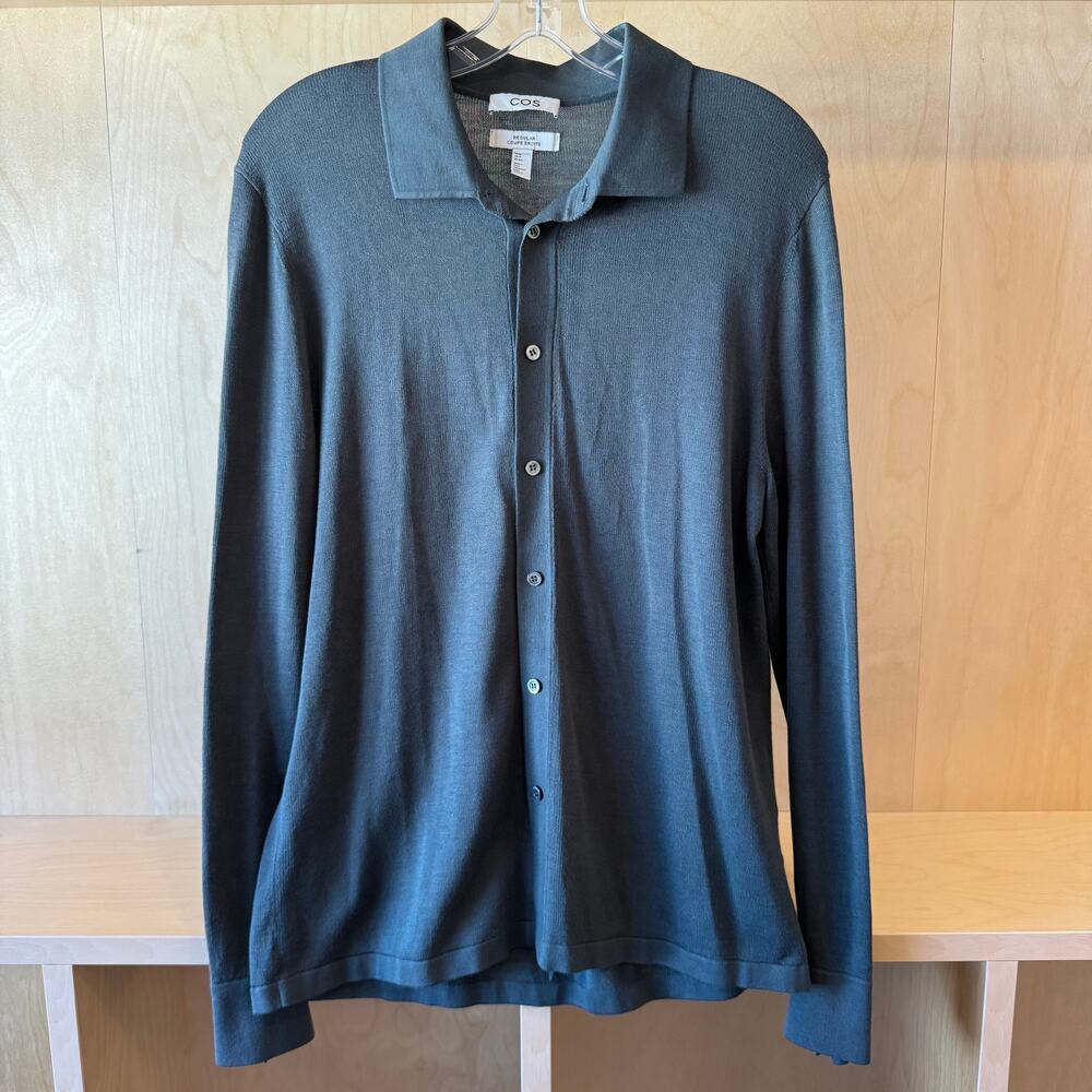 COS Men's Dark Green Fine Knit Polo Shirt Long Sleeve XS Regular Minimalist